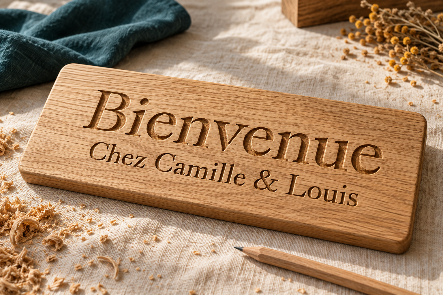 Exemple illustré de plaque en chêne personnalisée